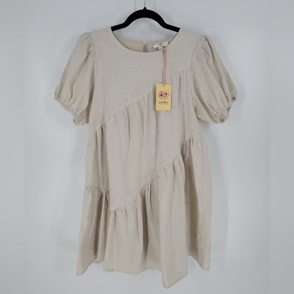 Ecote Cream Tiered Linen Blend Short Sleeve Mini Dress M